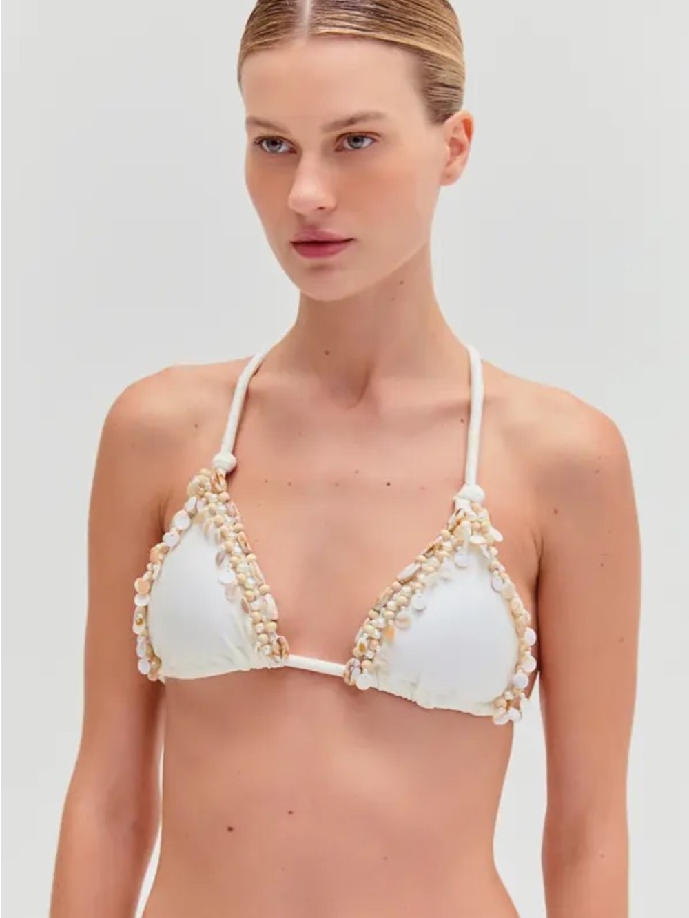 PatBO x Camila Coelho Ivory Shell-Trim Triangle Bikini Top